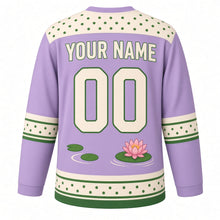 Load image into Gallery viewer, Lily Pad Frog Pond Original Hockey Jersey in Pond Lilac, back view with your name and number – lily-pad dot yoke and ripple-stripe sleeve bands