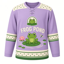 Load image into Gallery viewer, Lily Pad Frog Pond Original Hockey Jersey in Pond Lilac, front view – happy little frog on a lily pad with a water lily and frog crest, custom name and number