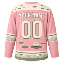 Load image into Gallery viewer, Lily Pad Frog Pond Original Hockey Jersey in Lotus Pink, back view with your name and number – lily-pad dot yoke and ripple-stripe sleeve bands