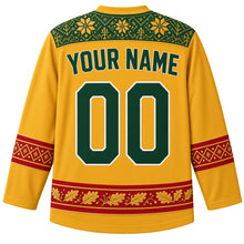 Load image into Gallery viewer, Lithuania Original Hockey Jersey in Amber Gold, back view with your name and number – ornate woven-sash yoke and matching detailed sleeve and hem bands