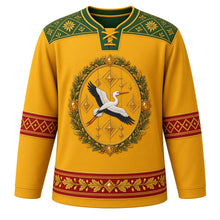 Load image into Gallery viewer, Lithuania Original Hockey Jersey in Amber Gold, front view – ornate woven-sash yoke and stork, oak-leaf and amber crest, detailed illustrated artwork, custom name and number