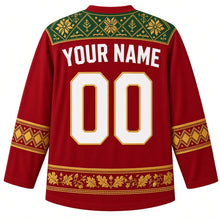 Load image into Gallery viewer, Lithuania Original Hockey Jersey in Baltic Red, back view with your name and number – ornate woven-sash yoke and matching detailed sleeve and hem bands