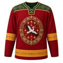 Load image into Gallery viewer, Lithuania Original Hockey Jersey in Baltic Red, front view – ornate woven-sash yoke and stork, oak-leaf and amber crest, detailed illustrated artwork, custom name and number
