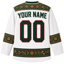 Load image into Gallery viewer, Lithuania Original Hockey Jersey in Linen White, back view with your name and number – ornate woven-sash yoke and matching detailed sleeve and hem bands