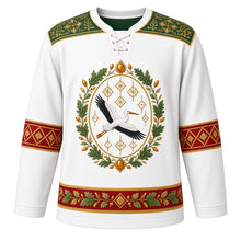 Load image into Gallery viewer, Lithuania Original Hockey Jersey in Linen White, front view – ornate woven-sash yoke and stork, oak-leaf and amber crest, detailed illustrated artwork, custom name and number