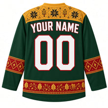 Load image into Gallery viewer, Lithuania Original Hockey Jersey in Oak Forest Green, back view with your name and number – ornate woven-sash yoke and matching detailed sleeve and hem bands