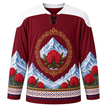 Load image into Gallery viewer, Losoong Original Hockey Jersey in Monastery Maroon, front view with themed artwork and clean crest