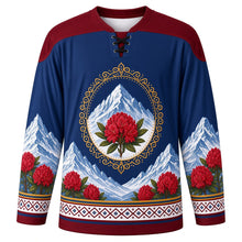 Load image into Gallery viewer, Losoong Original Hockey Jersey in Himalayan Blue, front view with themed artwork and clean crest