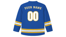Load image into Gallery viewer, Louis Riel Day Original Hockey Jersey in Blue, back view with your name and number