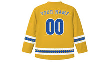 Load image into Gallery viewer, Louis Riel Day Original Hockey Jersey in Prairie Gold, back view with your name and number
