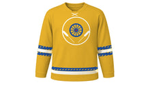 Load image into Gallery viewer, Louis Riel Day Original Hockey Jersey in Prairie Gold, front view – custom name and number