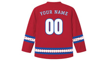 Load image into Gallery viewer, Louis Riel Day Original Hockey Jersey in Red, back view with your name and number