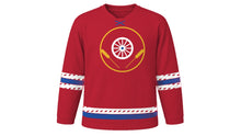 Load image into Gallery viewer, Louis Riel Day Original Hockey Jersey in Red, front view – custom name and number