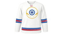 Load image into Gallery viewer, Louis Riel Day Original Hockey Jersey in White, front view – custom name and number