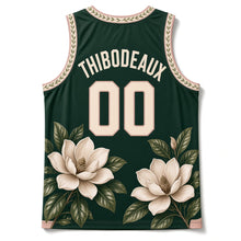 Load image into Gallery viewer, Louisiana Magnolia Bloom Original Basketball Jersey in Bayou Green, back view with your name and number
