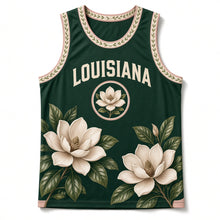 Load image into Gallery viewer, Louisiana Magnolia Bloom Original Basketball Jersey in Bayou Green, front view – custom name and number