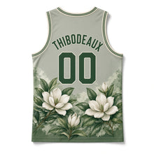 Load image into Gallery viewer, Louisiana Magnolia Bloom Original Basketball Jersey in Spanish Moss Gray, back view with your name and number