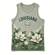 Load image into Gallery viewer, Louisiana Magnolia Bloom Original Basketball Jersey in Spanish Moss Gray, front view – custom name and number