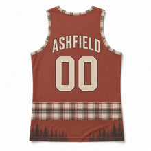 Load image into Gallery viewer, Lumberjack Plaid Original Basketball Jersey in Rust Red, back view with your name and number