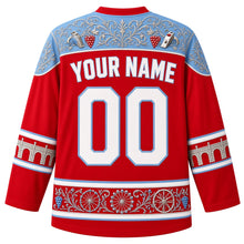Load image into Gallery viewer, Luxembourg Original Hockey Jersey in Castle Red, back view with your name and number – ornate vine-filigree yoke and matching detailed sleeve and hem bands