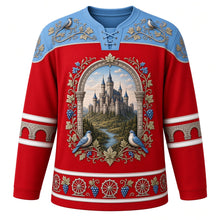 Load image into Gallery viewer, Luxembourg Original Hockey Jersey in Castle Red, front view – ornate vine-filigree yoke and castle-and-vineyard crest, detailed illustrated artwork, custom name and number