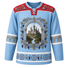 Load image into Gallery viewer, Luxembourg Original Hockey Jersey in Moselle Sky Blue, front view – ornate vine-filigree yoke and castle-and-vineyard crest, detailed illustrated artwork, custom name and number