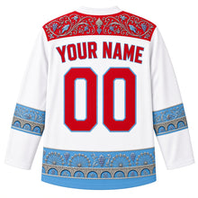 Load image into Gallery viewer, Luxembourg Original Hockey Jersey in Riesling White, back view with your name and number – ornate vine-filigree yoke and matching detailed sleeve and hem bands