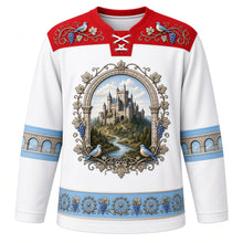 Load image into Gallery viewer, Luxembourg Original Hockey Jersey in Riesling White, front view – ornate vine-filigree yoke and castle-and-vineyard crest, detailed illustrated artwork, custom name and number