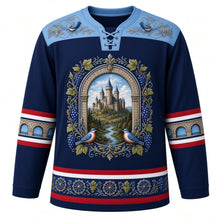 Load image into Gallery viewer, Luxembourg Original Hockey Jersey in Vianden Night Blue, front view – ornate vine-filigree yoke and castle-and-vineyard crest, detailed illustrated artwork, custom name and number