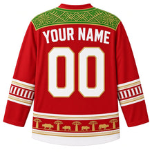 Load image into Gallery viewer, Madagascar Original Hockey Jersey in Baobab Sunset Red, back view with your name and number – ornate lamba-weave yoke and matching detailed sleeve and hem bands