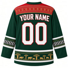 Load image into Gallery viewer, Madagascar Original Hockey Jersey in Rainforest Deep Green, back view with your name and number – ornate lamba-weave yoke and matching detailed sleeve and hem bands
