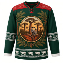 Load image into Gallery viewer, Madagascar Original Hockey Jersey in Rainforest Deep Green, front view – ornate lamba-weave yoke and baobab-and-lemur crest, detailed illustrated artwork, custom name and number