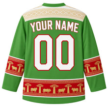Load image into Gallery viewer, Madagascar Original Hockey Jersey in Ravinala Green, back view with your name and number – ornate lamba-weave yoke and matching detailed sleeve and hem bands