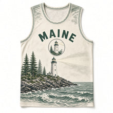Load image into Gallery viewer, Maine Lighthouse Coast Original Basketball Jersey in Harbor Fog, front view – custom name and number