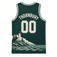 Load image into Gallery viewer, Maine Lighthouse Coast Original Basketball Jersey in Coastal Pine, back view with your name and number