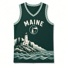 Load image into Gallery viewer, Maine Lighthouse Coast Original Basketball Jersey in Coastal Pine, front view – custom name and number