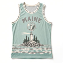 Load image into Gallery viewer, Maine Lighthouse Coast Original Basketball Jersey in Sea Glass Green, front view – custom name and number