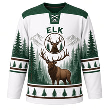 Load image into Gallery viewer, Majestic Elk Forest Original Hockey Jersey in Birch White, front view – majestic bull elk standing in a misty pine forest with elk-head crest, custom name and number
