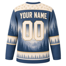 Load image into Gallery viewer, Majestic Elk Forest Original Hockey Jersey in Dusk Slate, back view with your name and number – pine-needle yoke and pine tree sleeve bands