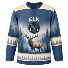 Load image into Gallery viewer, Majestic Elk Forest Original Hockey Jersey in Dusk Slate, front view – majestic bull elk standing in a misty pine forest with elk-head crest, custom name and number