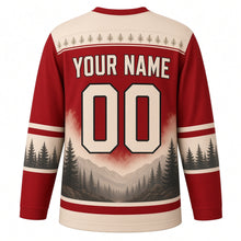 Load image into Gallery viewer, Majestic Elk Forest Original Hockey Jersey in Autumn Maple, back view with your name and number – pine-needle yoke and pine tree sleeve bands