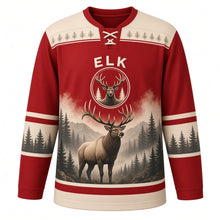 Load image into Gallery viewer, Majestic Elk Forest Original Hockey Jersey in Autumn Maple, front view – majestic bull elk standing in a misty pine forest with elk-head crest, custom name and number