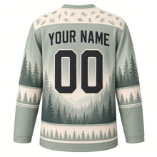 Load image into Gallery viewer, Majestic Elk Forest Original Hockey Jersey in Mountain Sage, back view with your name and number – pine-needle yoke and pine tree sleeve bands