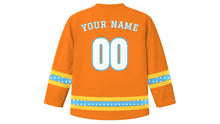 Load image into Gallery viewer, Makar Sankranti Original Hockey Jersey in Orange, back view with your name and number
