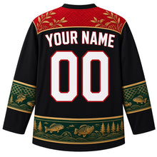 Load image into Gallery viewer, Malawi Original Hockey Jersey in Fish Eagle Black, back view with your name and number – ornate basket-weave and tea-terrace yoke and matching detailed sleeve and hem bands