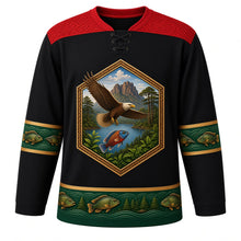 Load image into Gallery viewer, Malawi Original Hockey Jersey in Fish Eagle Black, front view – ornate basket-weave and tea-terrace yoke and fish-eagle-and-lake crest, detailed illustrated artwork, custom name and number