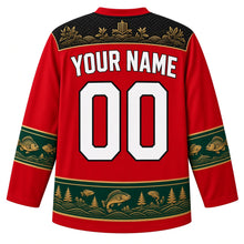 Load image into Gallery viewer, Malawi Original Hockey Jersey in Lake Sunset Red, back view with your name and number – ornate basket-weave and tea-terrace yoke and matching detailed sleeve and hem bands