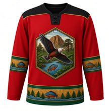 Load image into Gallery viewer, Malawi Original Hockey Jersey in Lake Sunset Red, front view – ornate basket-weave and tea-terrace yoke and fish-eagle-and-lake crest, detailed illustrated artwork, custom name and number