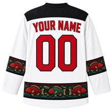 Load image into Gallery viewer, Malawi Original Hockey Jersey in Lakeshore White, back view with your name and number – ornate basket-weave and tea-terrace yoke and matching detailed sleeve and hem bands