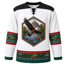 Load image into Gallery viewer, Malawi Original Hockey Jersey in Lakeshore White, front view – ornate basket-weave and tea-terrace yoke and fish-eagle-and-lake crest, detailed illustrated artwork, custom name and number